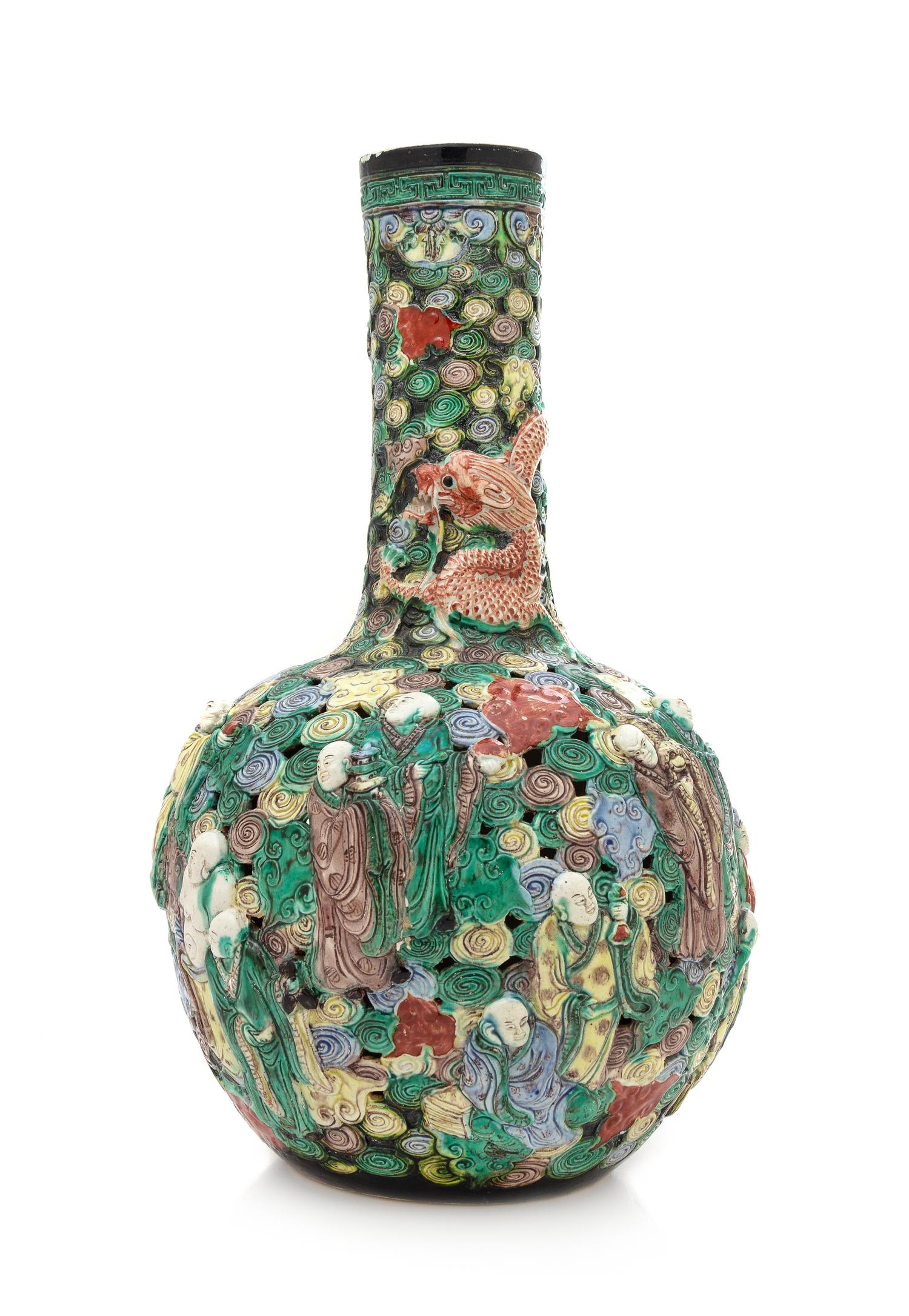 A Large Chinese Famille Verte Porcelain Reticulated Bottle Vase
