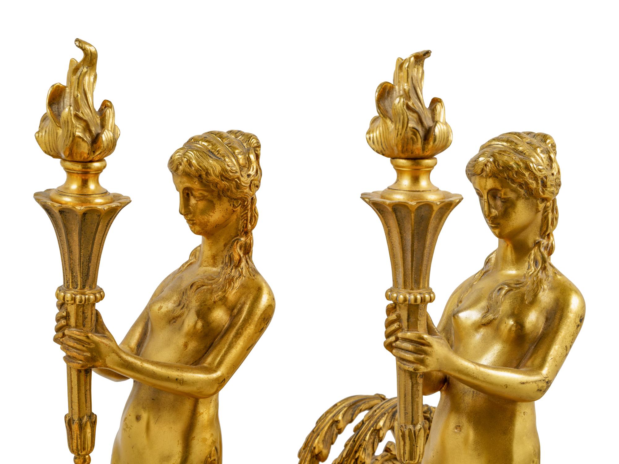 A Pair of Napoleon III Style Gilt Bronze Figural Chenets