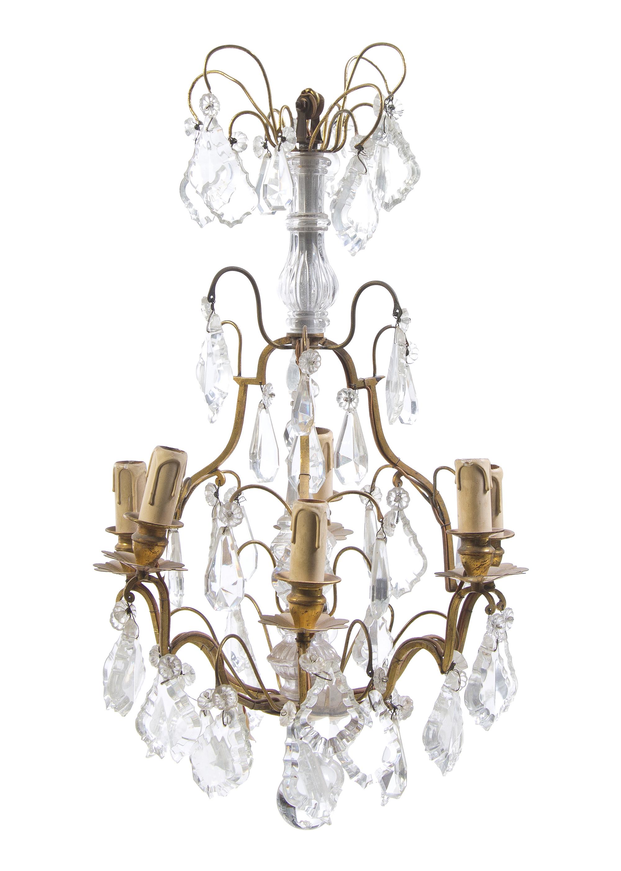 A French Gilt Bronze and Glass Six-Light Chandelier, Height 27 inches.