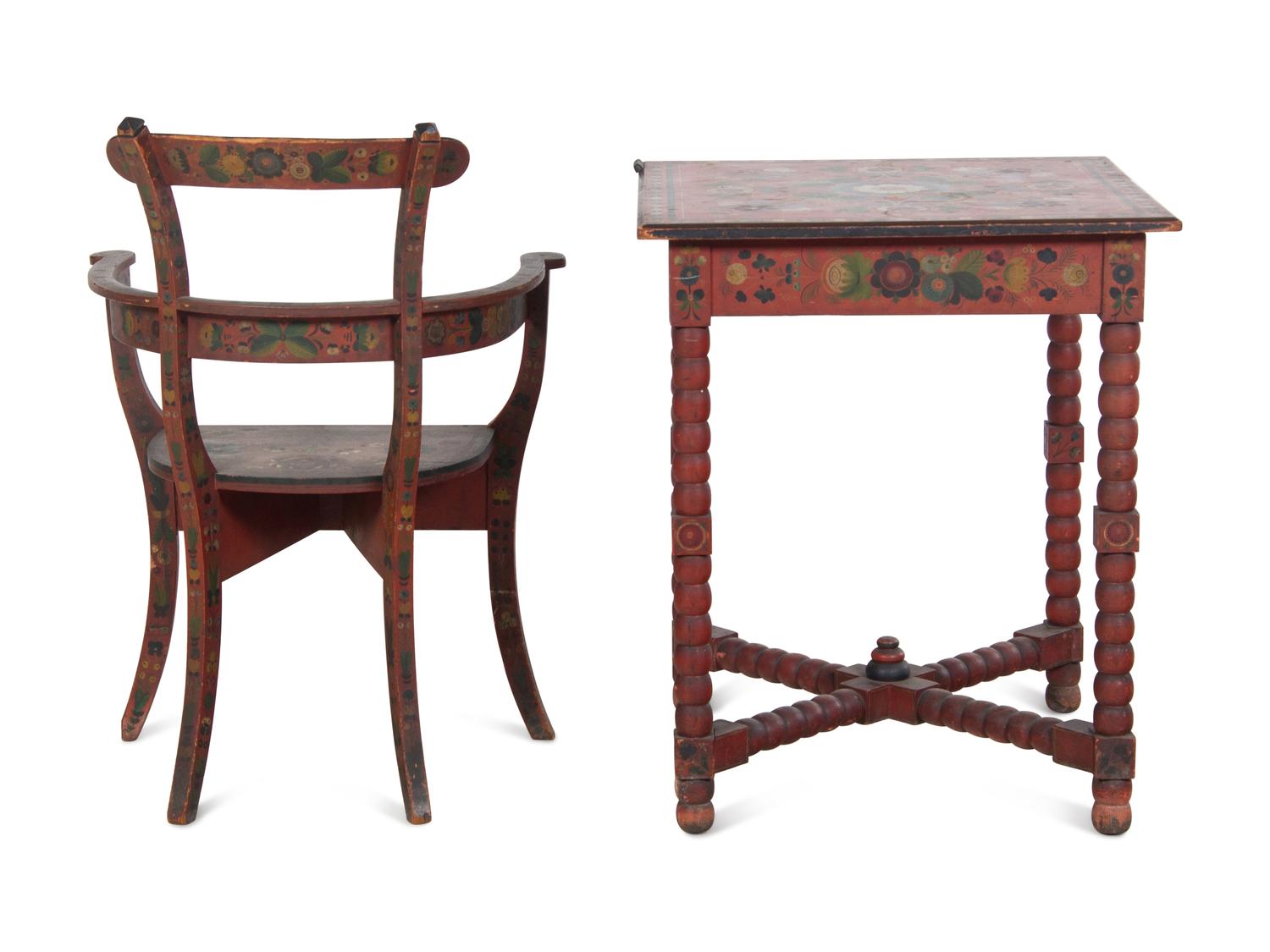 A Norwegian Paint-Decorated Table and Armchair