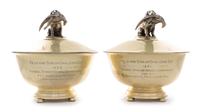 A Pair of American Silver Covered Revere Bowls, Gorham Mfg. Co., Providence, RI, the lid finial in the form of a spaniel retrieving a p