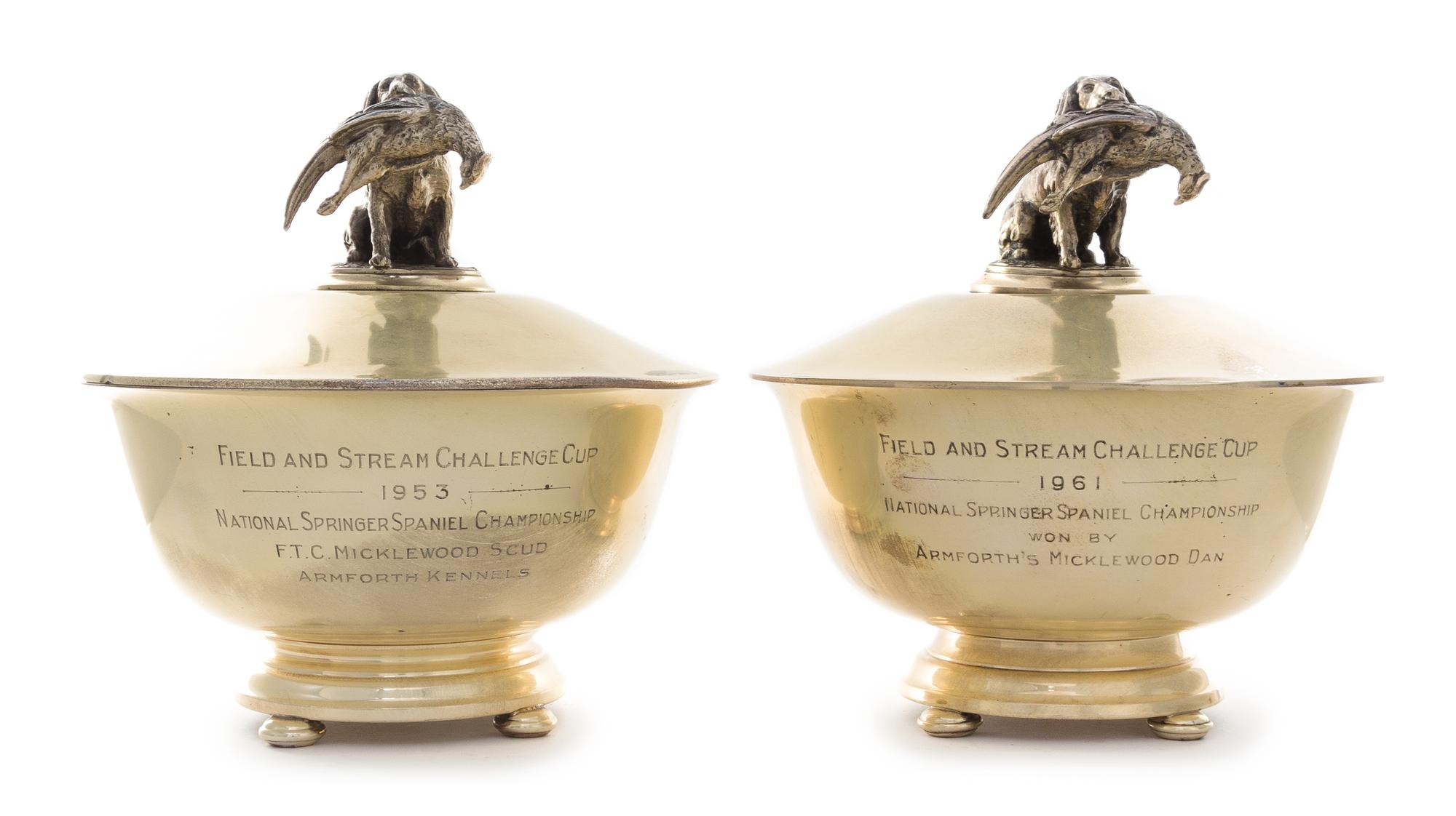 A Pair of American Silver Covered Revere Bowls, Gorham Mfg. Co., Providence, RI, the lid finial in the form of a spaniel retrieving a p
