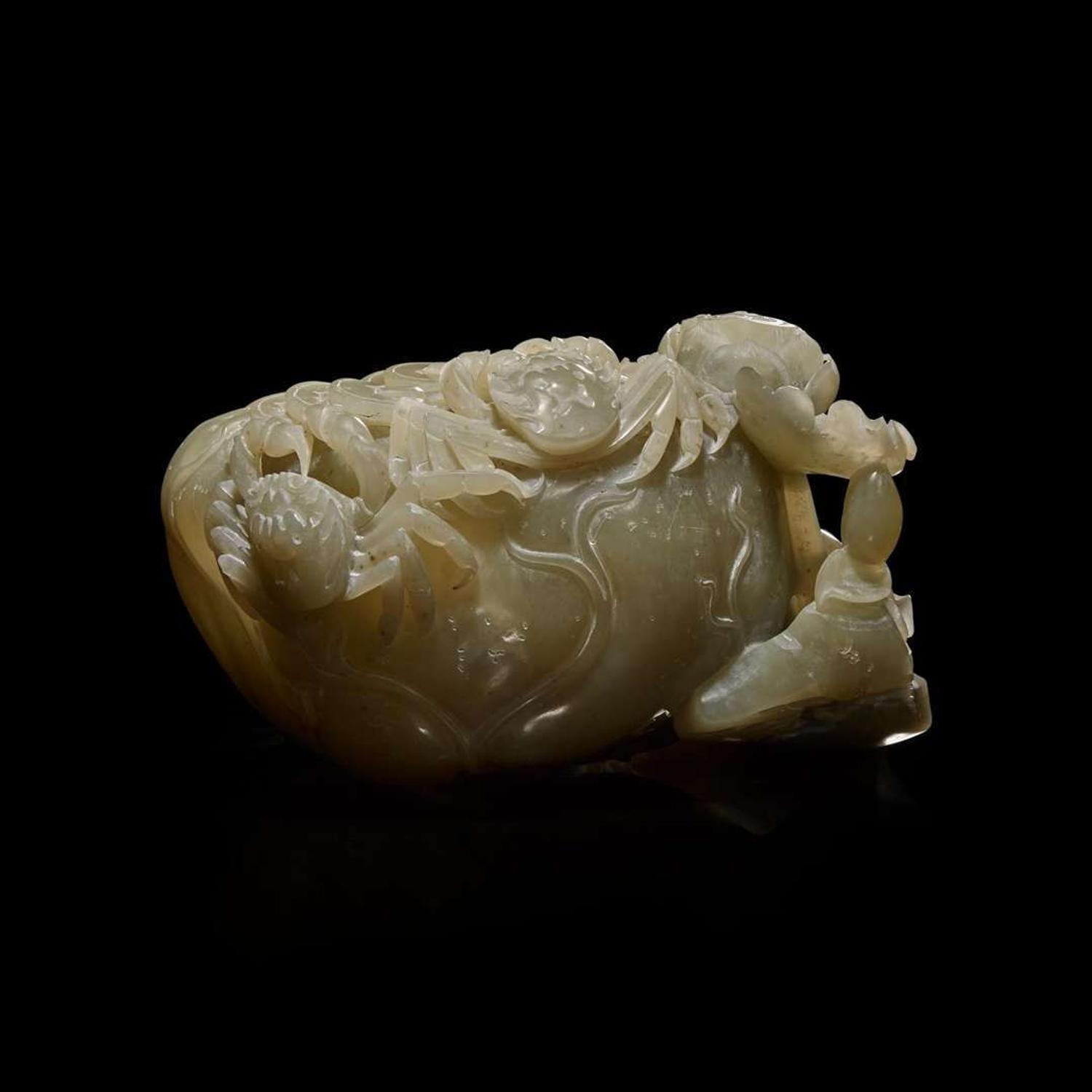 A Chinese carved greyish jade "Lotus, Crab and Fish" large brush washer 灰玉荷塘大洗子