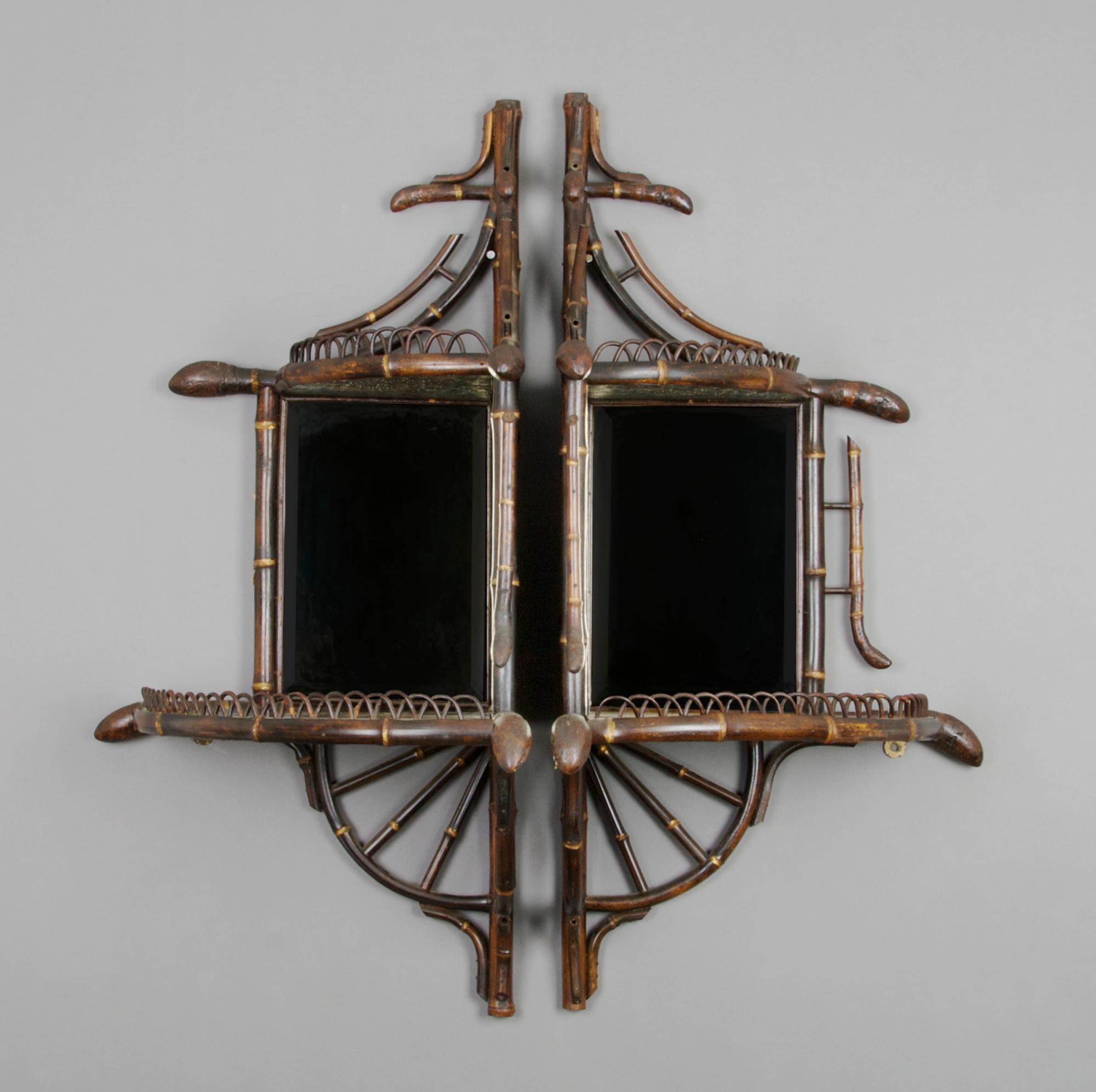 A Pair of Victorian Painted and Parcel Gilt Corner Etageres, Height 30 x width 19 x depth 13 1/2 inches.
