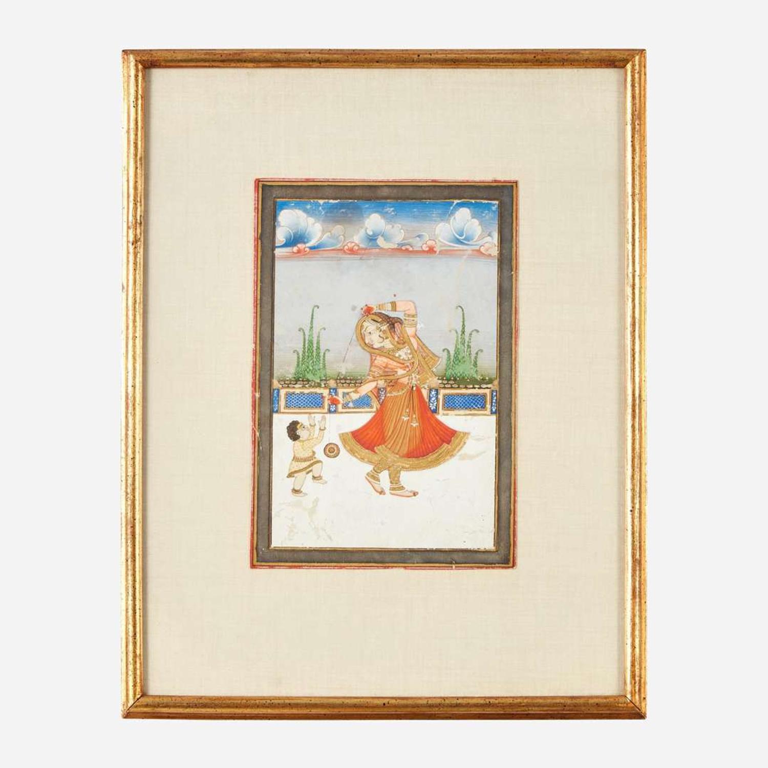 An Indian miniature painting depicting a woman and child playing with a yo-yo 19th century or earlier