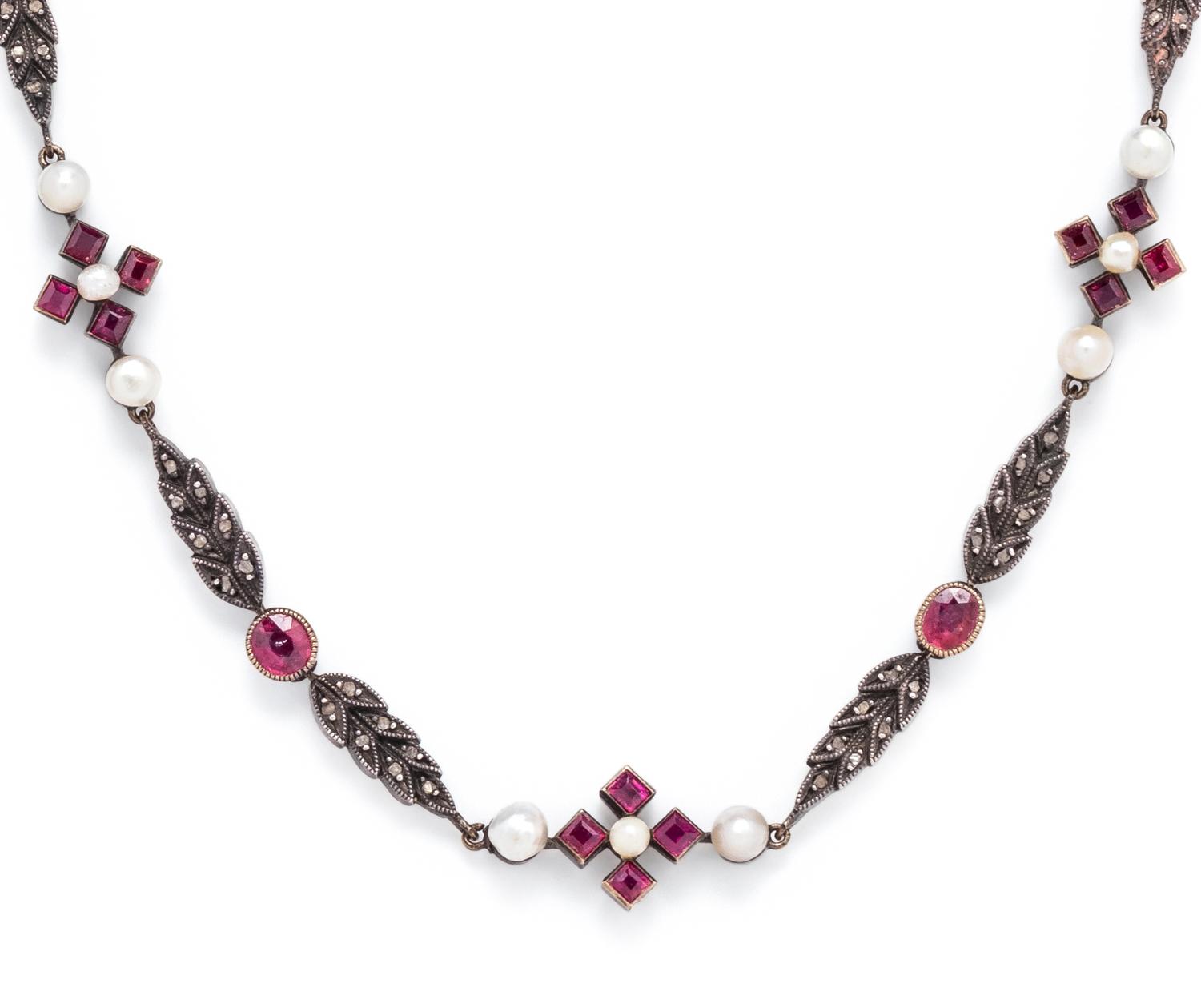 FRENCH, ANTIQUE, SILVER-TOPPED GOLD, RUBY, PEARL AND DIAMOND SET