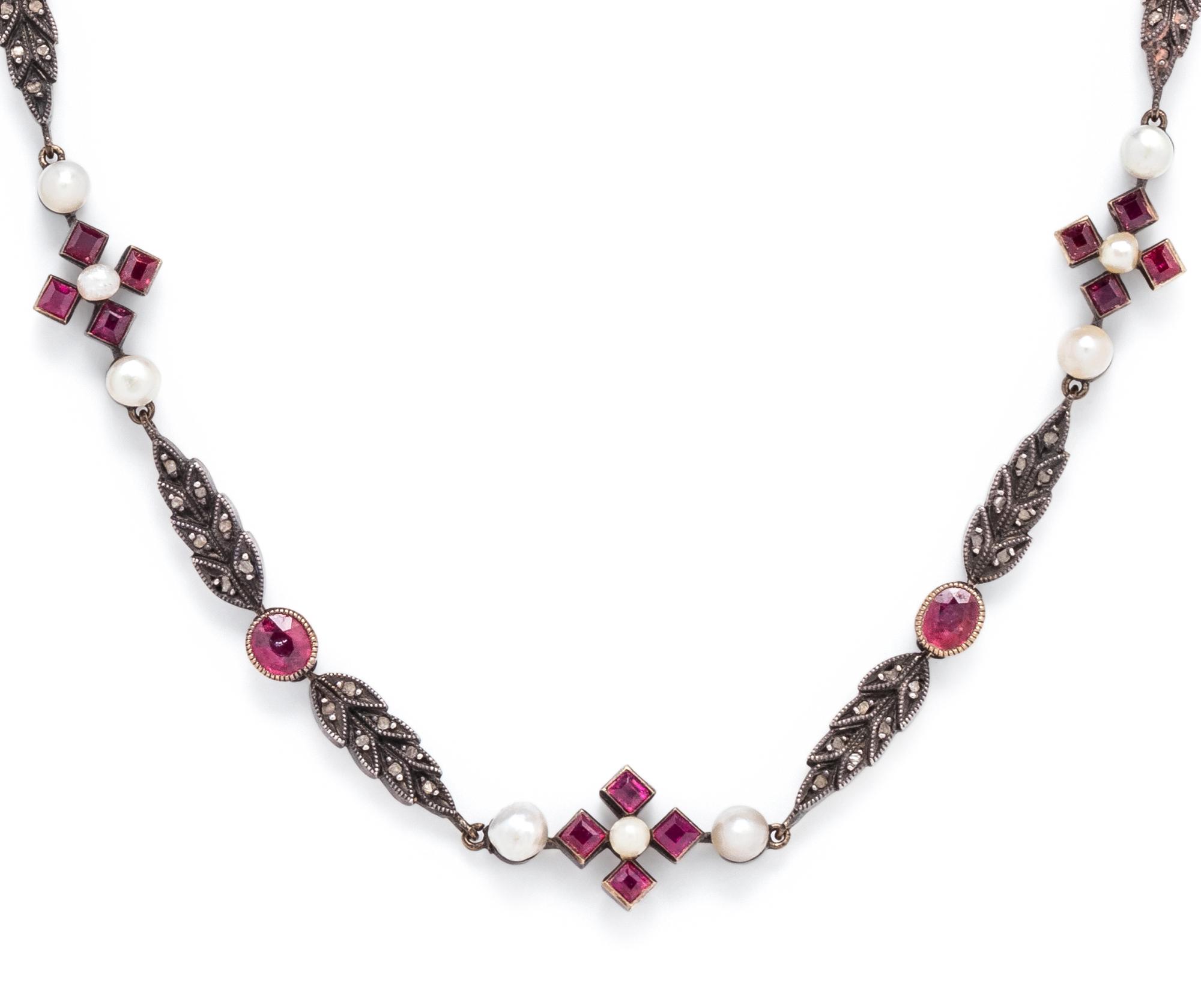 FRENCH, ANTIQUE, SILVER-TOPPED GOLD, RUBY, PEARL AND DIAMOND SET