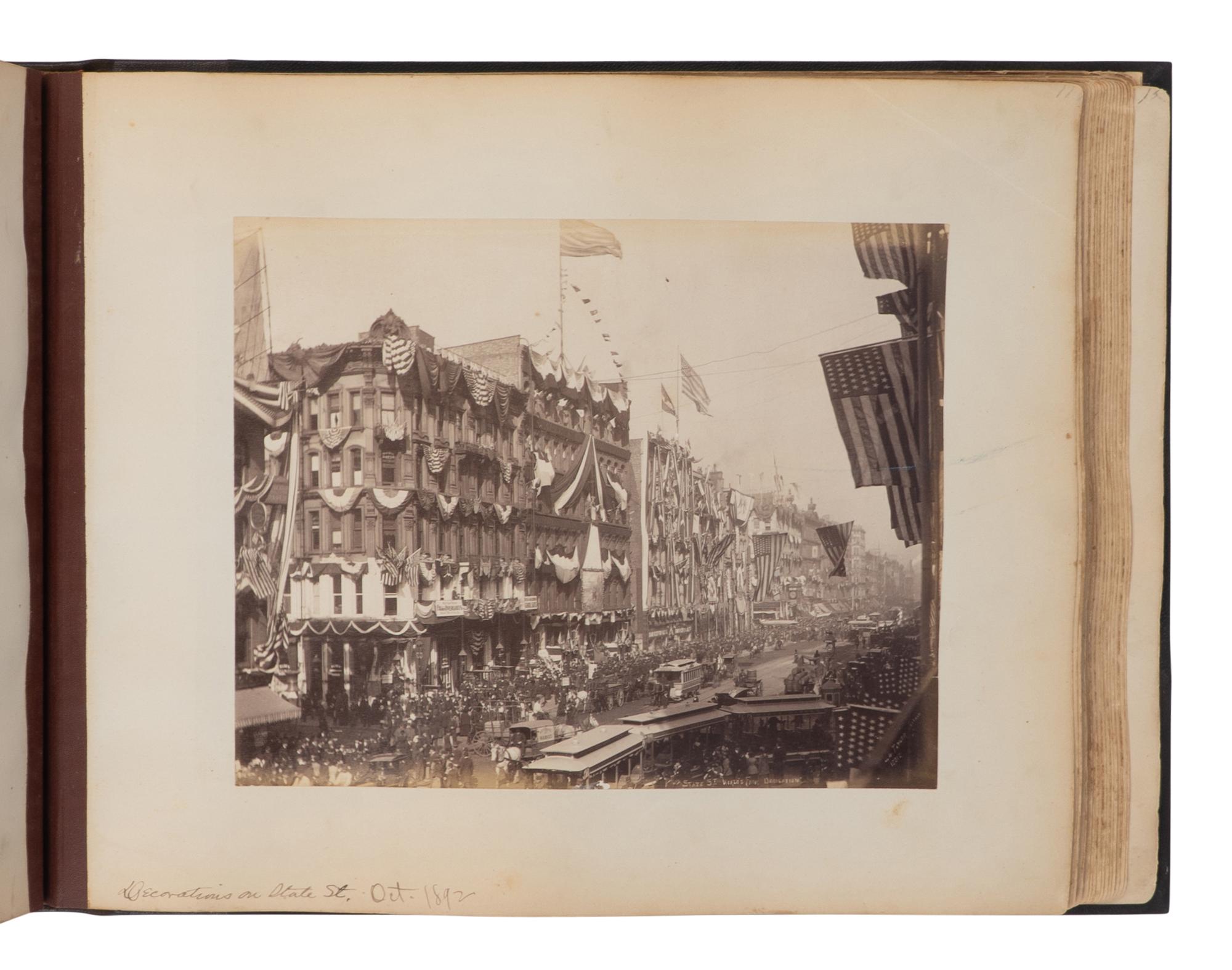 [CHICAGO]. TAYLOR, John W. (1846-1918), photographer. An album containing 154 albumen photographs of Chicago by a noted photographer, including important architectural images, as well as images relating to the preparations for the 1893 World's fair, the stockyards as described by Upton Sinclair, and more. Chicago, ca 1890.