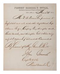 Manuscript document issued by the Provost Marshal's Office authorizing the sale of corps badges. Fort Monroe, VA, 21 March 1864.