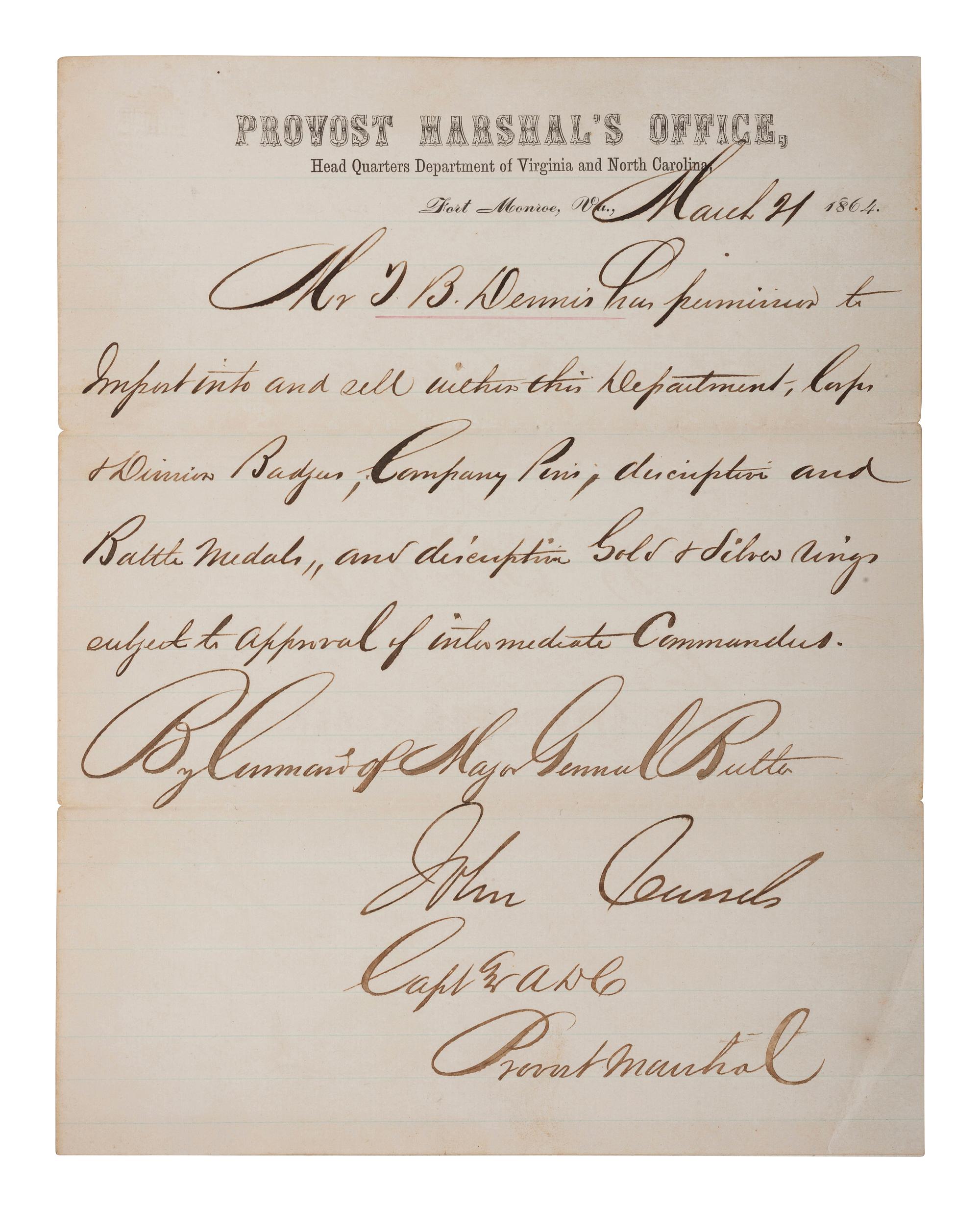 Manuscript document issued by the Provost Marshal's Office authorizing the sale of corps badges. Fort Monroe, VA, 21 March 1864.