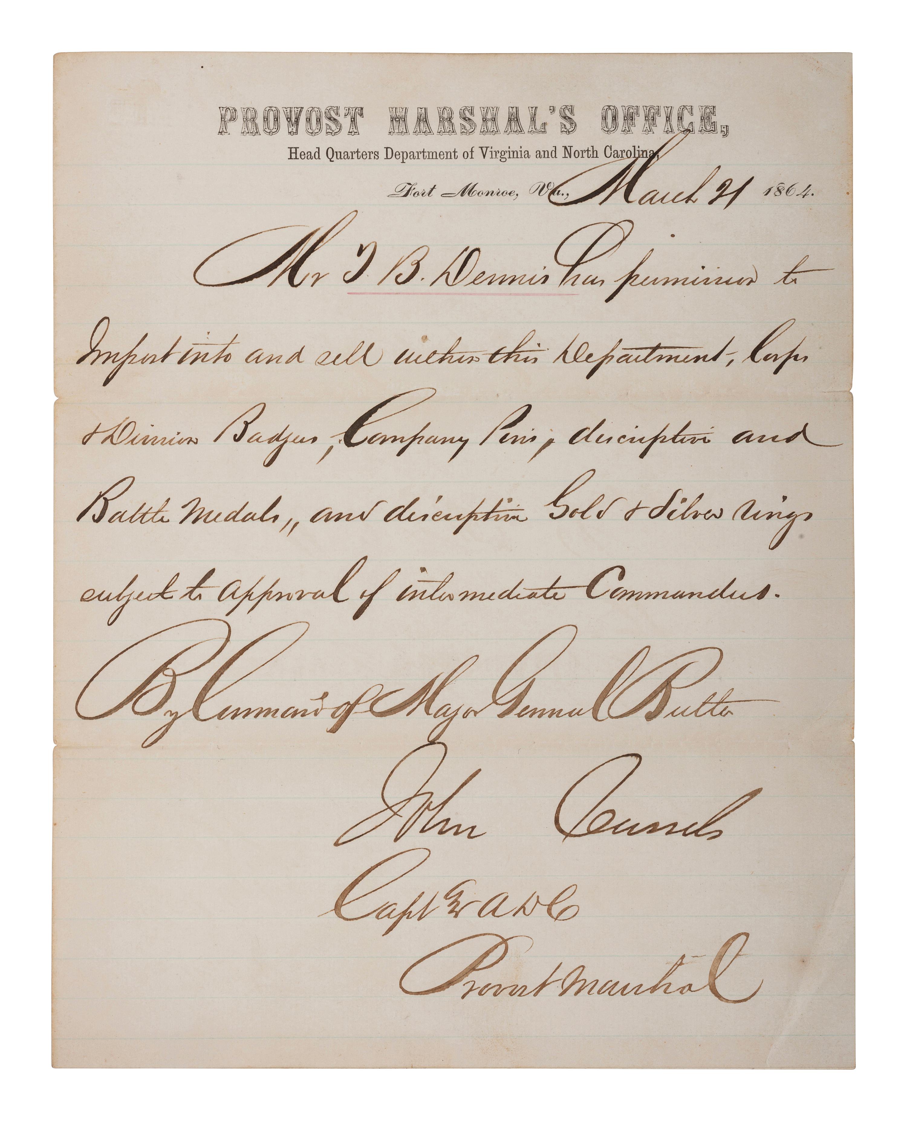Manuscript document issued by the Provost Marshal's Office authorizing the sale of corps badges. Fort Monroe, VA, 21 March 1864.