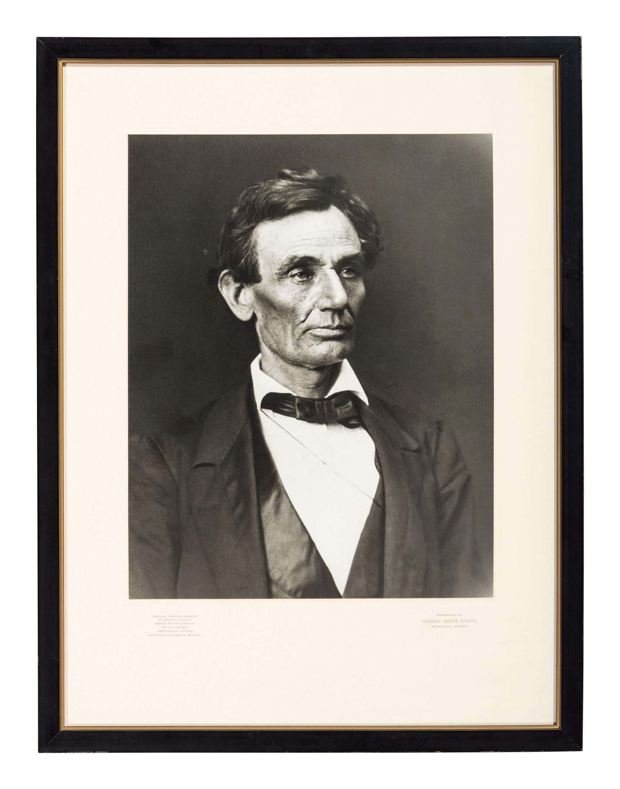 [LINCOLN, Abraham (1809-1865)]. [HESLER, Alexander (1823-1895), photographer]. 2 photographs of Lincoln printed by King V. Hostick - Herbert George Studio. 1956.