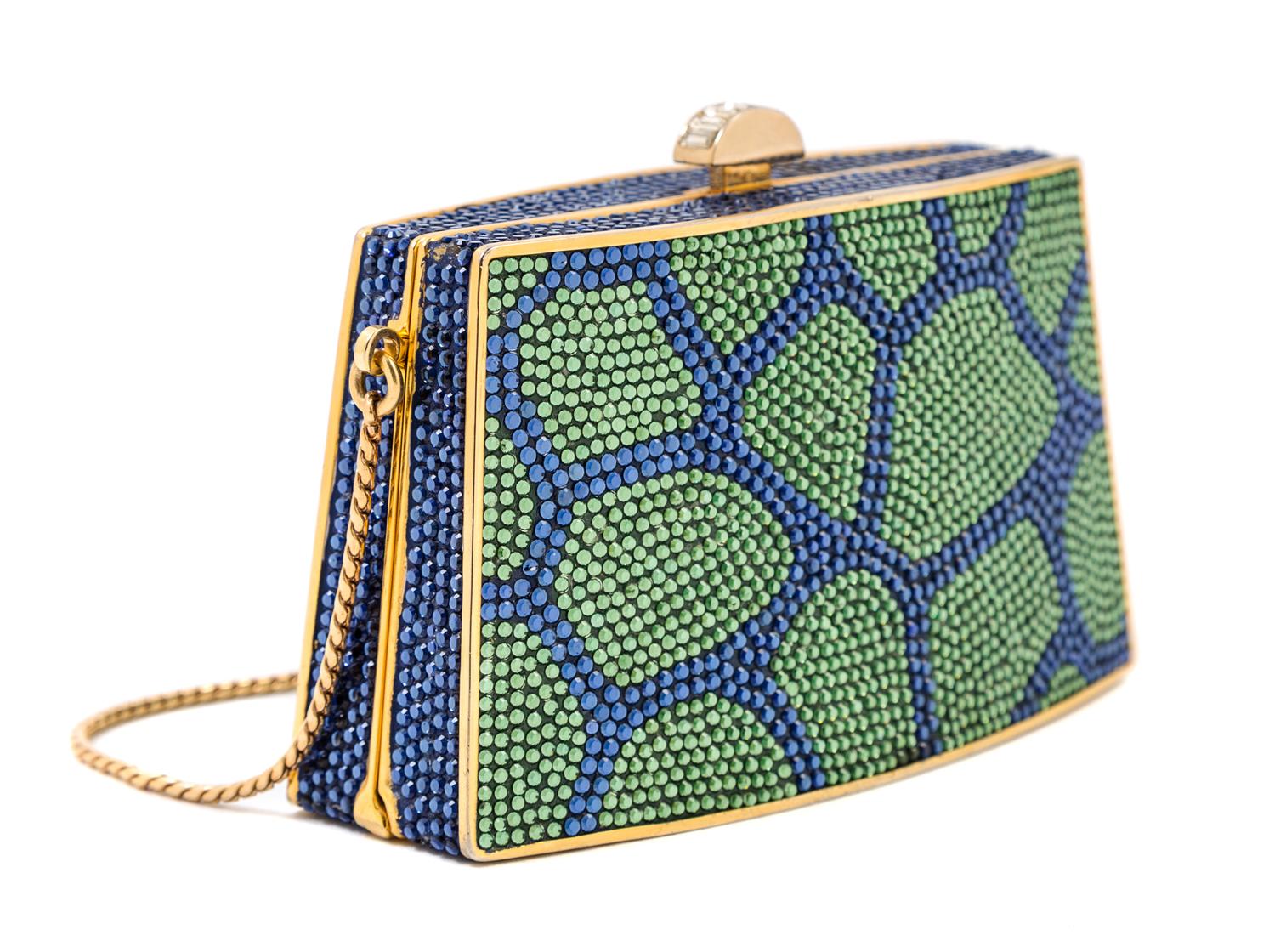 A Judith Leiber Blue and Green Crystal Clutch, 4.5" x 2.75" x 1".