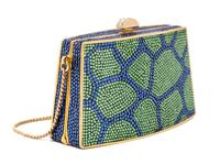 A Judith Leiber Blue and Green Crystal Clutch, 4.5" x 2.75" x 1".