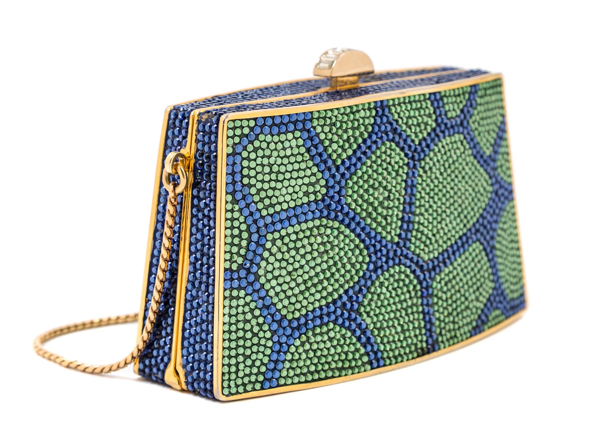 A Judith Leiber Blue and Green Crystal Clutch, 4.5" x 2.75" x 1".