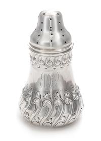 An American Silver Muffineer, Dominick & Haff, New York, NY, 1889, the body worked with S-scrolls.