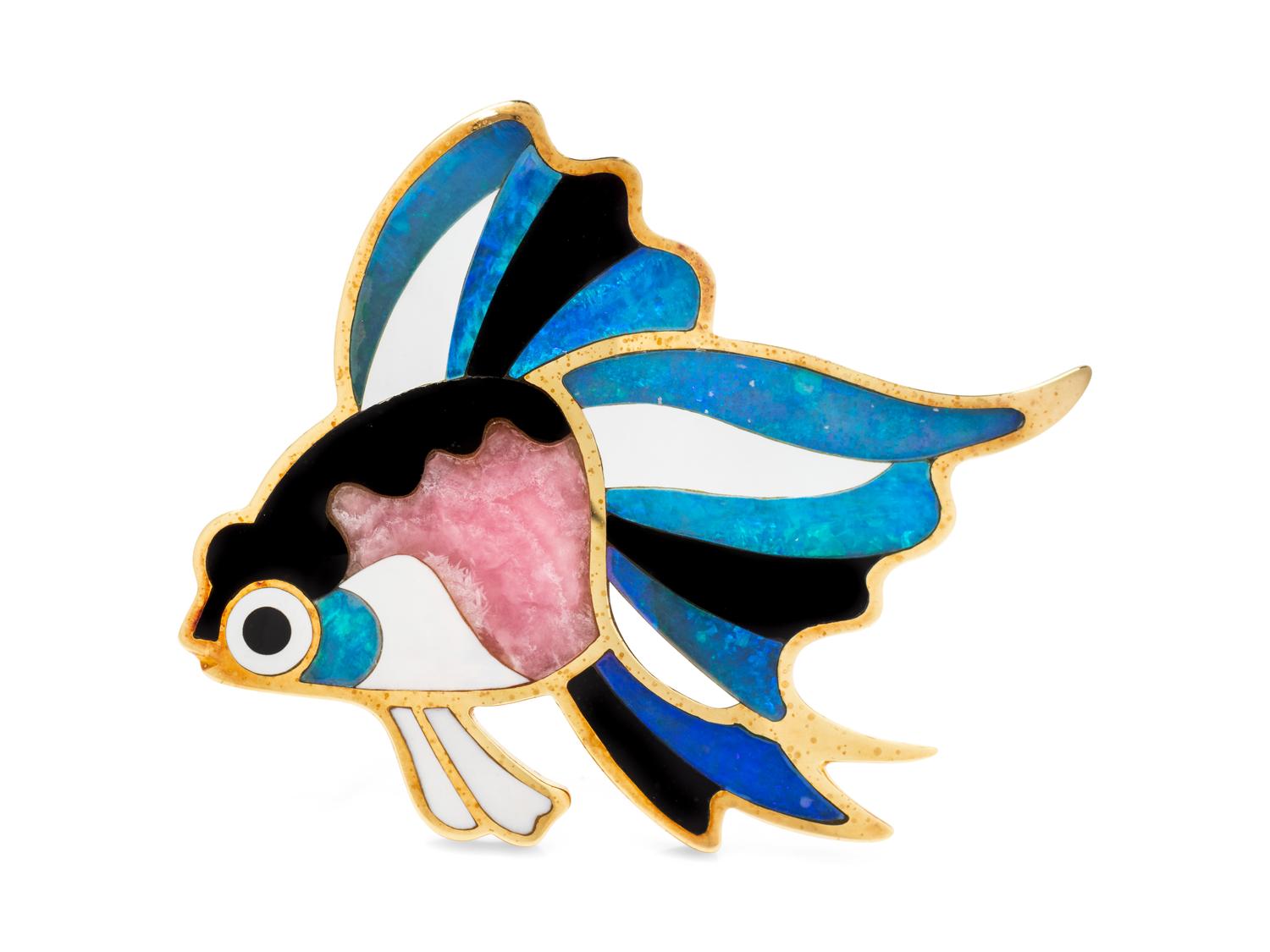 An 18 Karat Yellow Gold and Hardstone Goldfish Brooch, Tiffany & Co.,