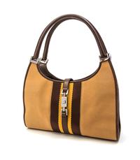 A Gucci Khaki Canvas and Brown Leather Jackie Bag, 10 x 6 x 3 inches.
