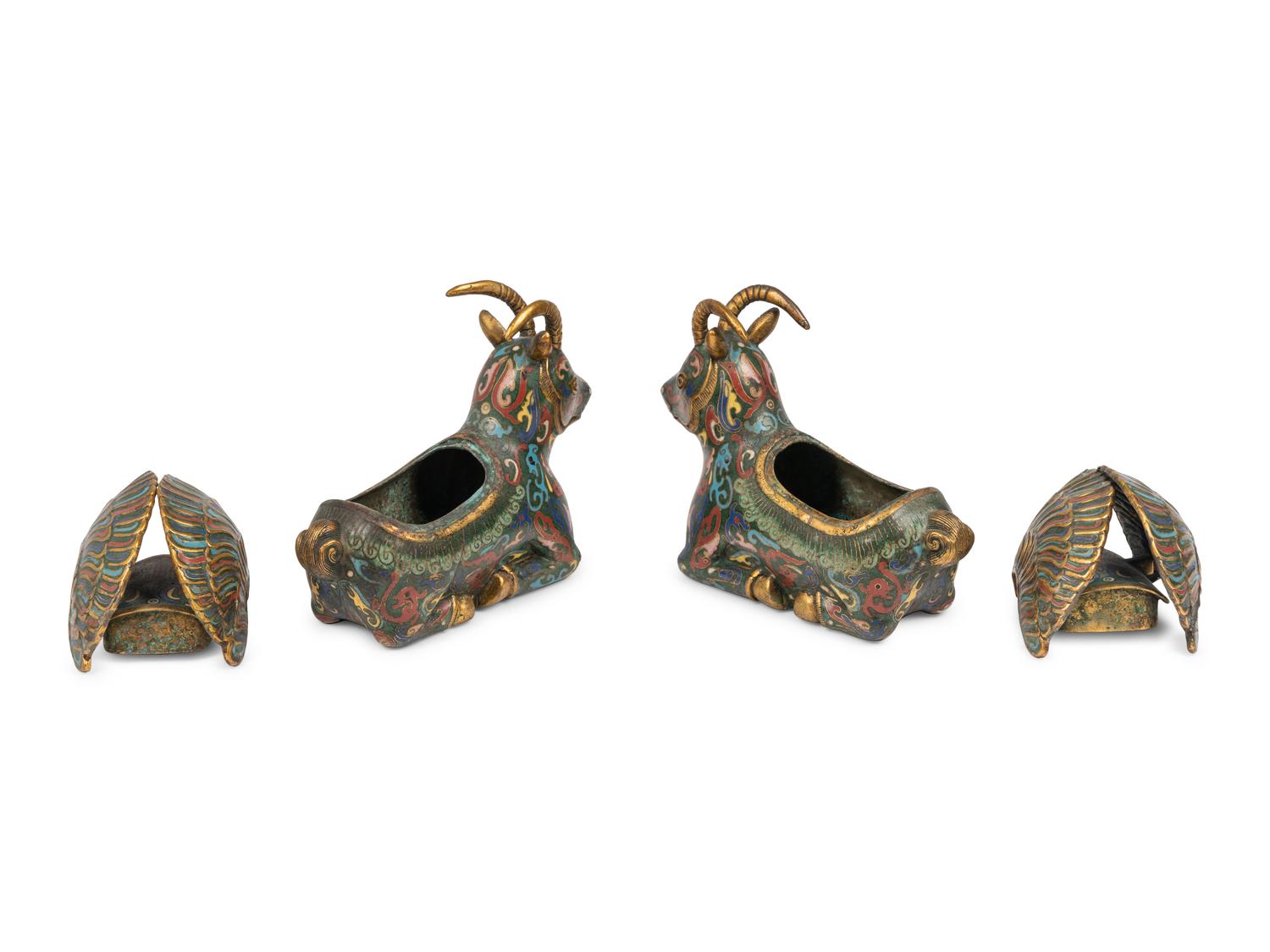 Two Pairs of Chinese Cloisonné Enamel Animal Form Vessels