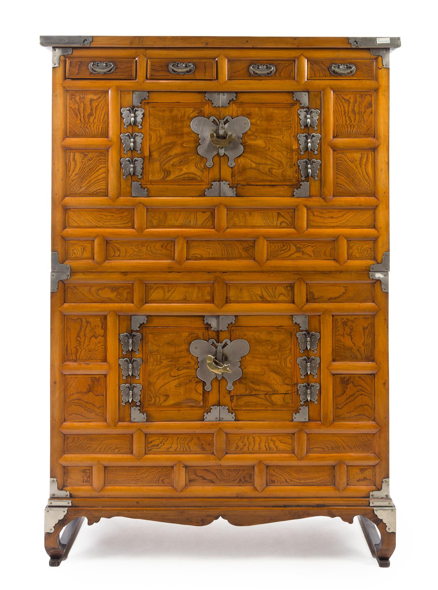 A Korean Metal Mounted Hardwood Two-Section Cabinet Height 60 x length 37 x depth 18 inches. — 19TH CENTURY