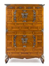 A Korean Metal Mounted Hardwood Two-Section Cabinet Height 60 x length 37 x depth 18 inches. — 19TH CENTURY