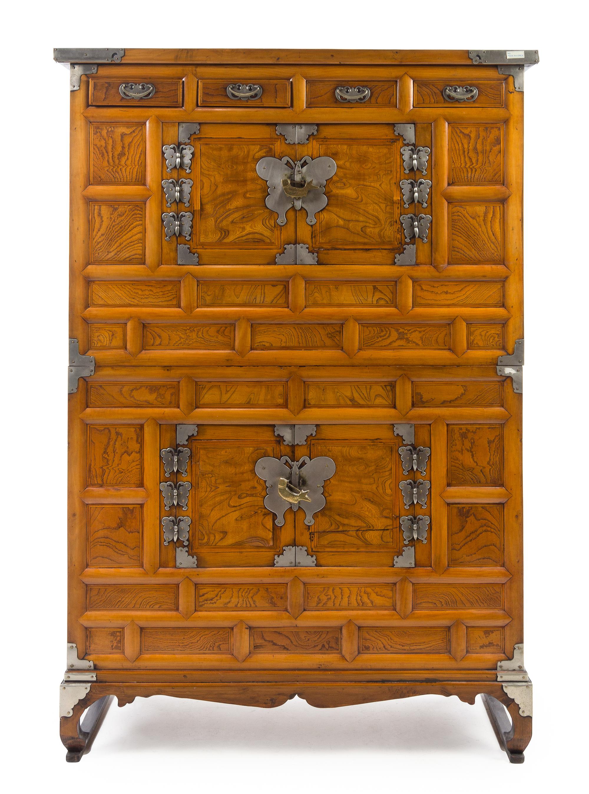 A Korean Metal Mounted Hardwood Two-Section Cabinet Height 60 x length 37 x depth 18 inches. — 19TH CENTURY