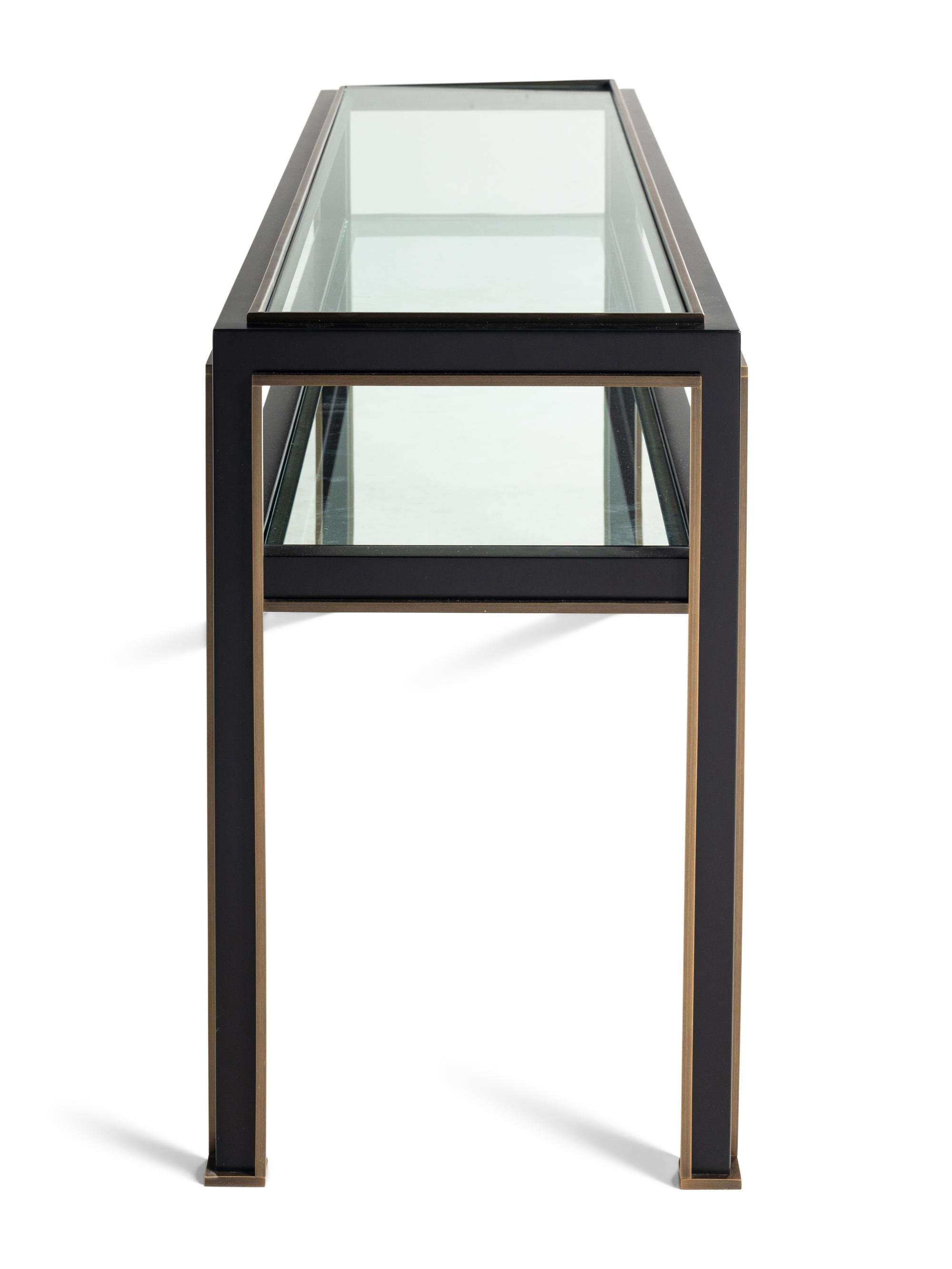 A Holly Hunt Coated Steel, Bronze and Glass Console Table
