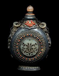 Two Mongolian Hardstone Mounted Metal Bottles