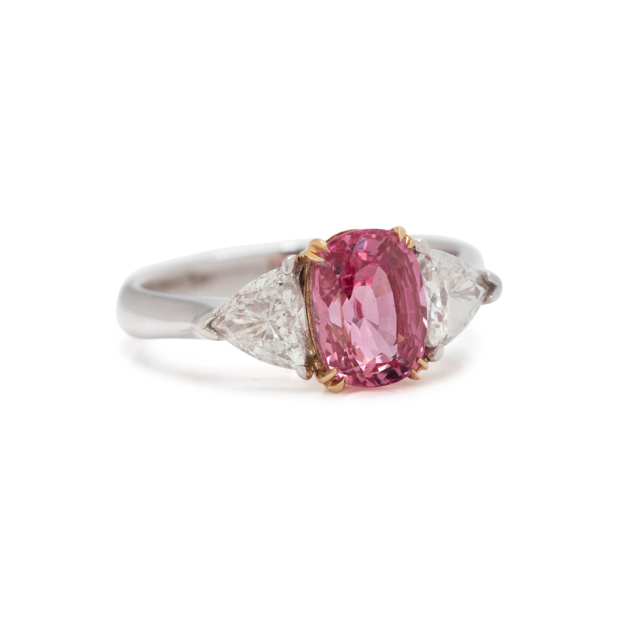BROWNISH ORANGE-PINK SAPPHIRE AND DIAMOND RING