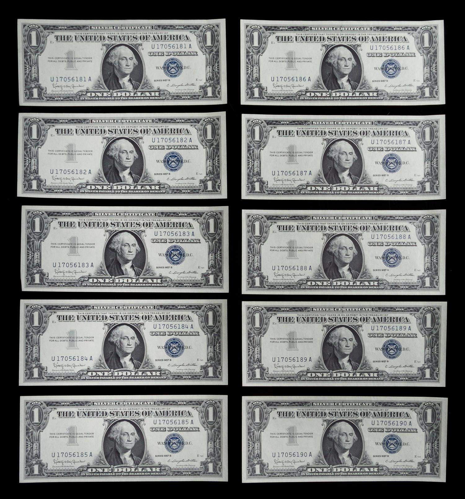 A Group of Ten Sequential United States 1957B $1 Silver Certificates