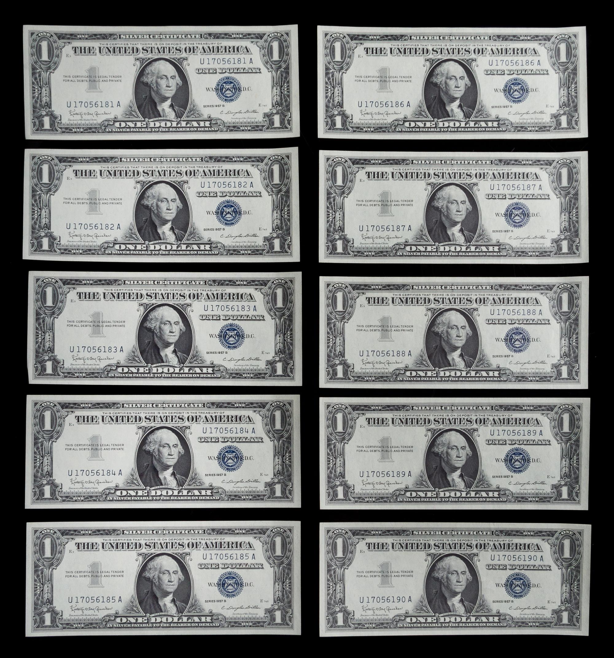 A Group of Ten Sequential United States 1957B $1 Silver Certificates