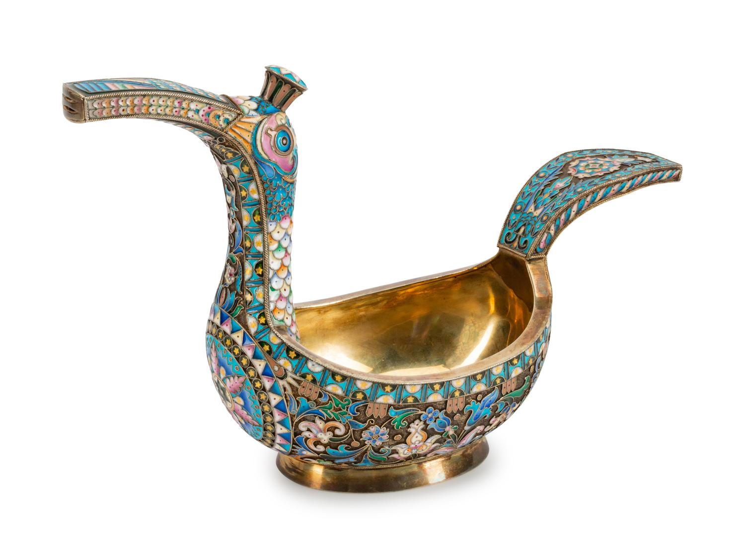A Russian Silver and Enamel Bird-Form Kovsh — Mark of Pavel Ovchinikov, Moscow, 1908-1926