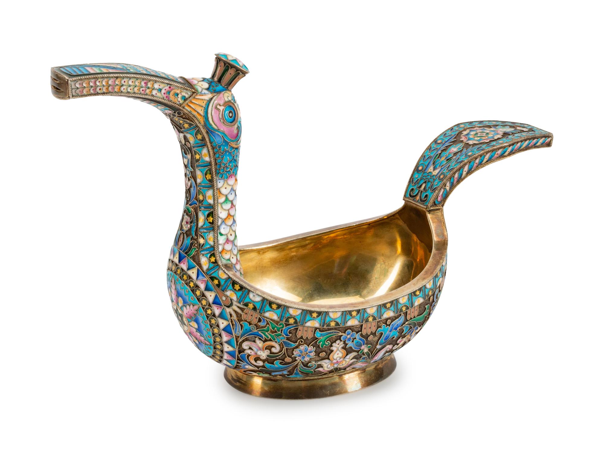 A Russian Silver and Enamel Bird-Form Kovsh — Mark of Pavel Ovchinikov, Moscow, 1908-1926