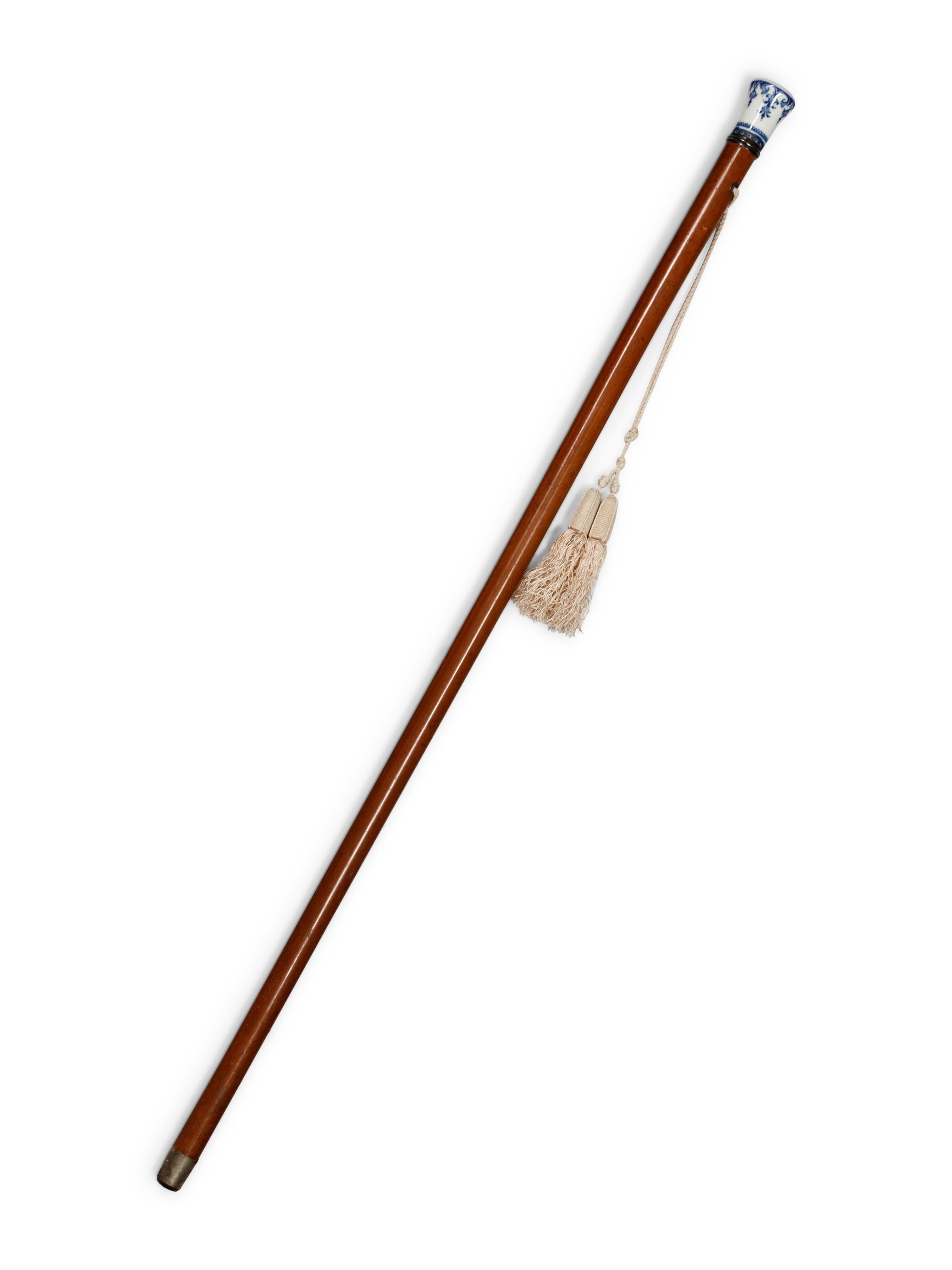 A Blue-and-White St. Cloud Porcelain Mounted Malacca Walking Stick