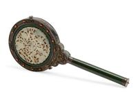 A Chinese Export Hardstone, Silver and Spinach Jade Mirror