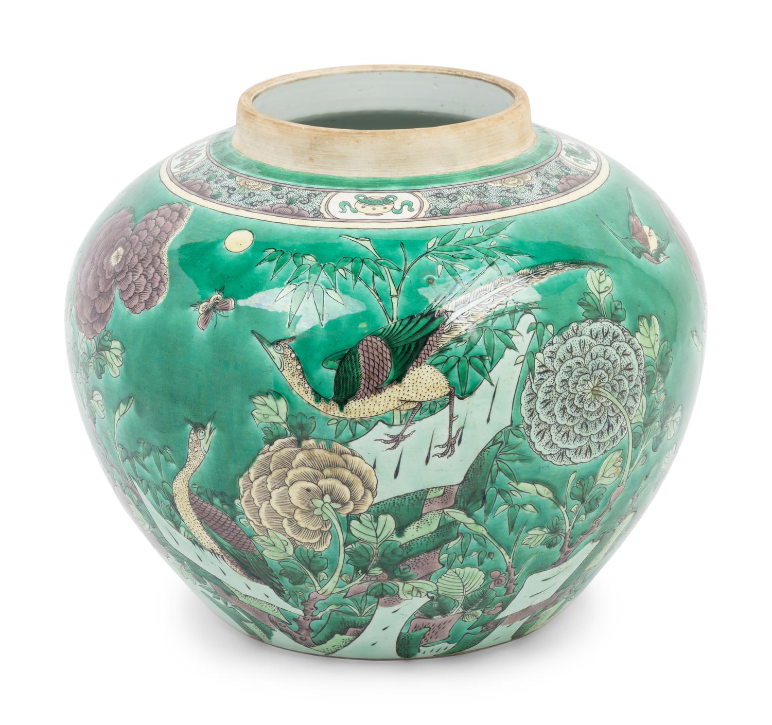 A Large Chinese Export Famille Verte Porcelain Covered Jar and A Chinese Painted Stoneware Cachepot