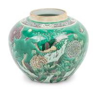 A Large Chinese Export Famille Verte Porcelain Covered Jar and A Chinese Painted Stoneware Cachepot