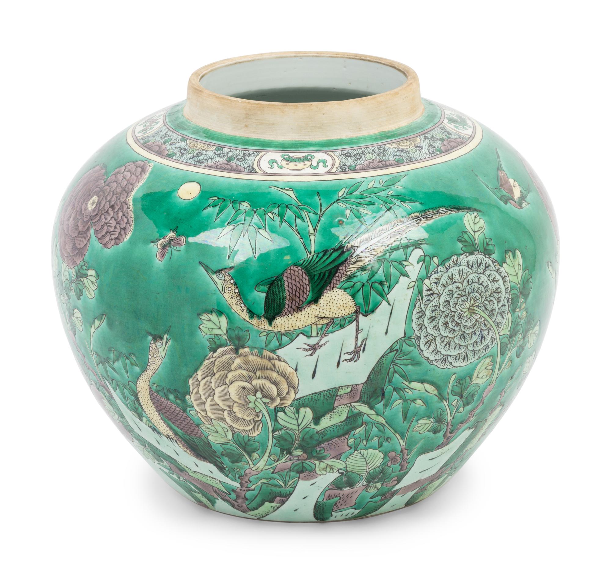 A Large Chinese Export Famille Verte Porcelain Covered Jar and A Chinese Painted Stoneware Cachepot