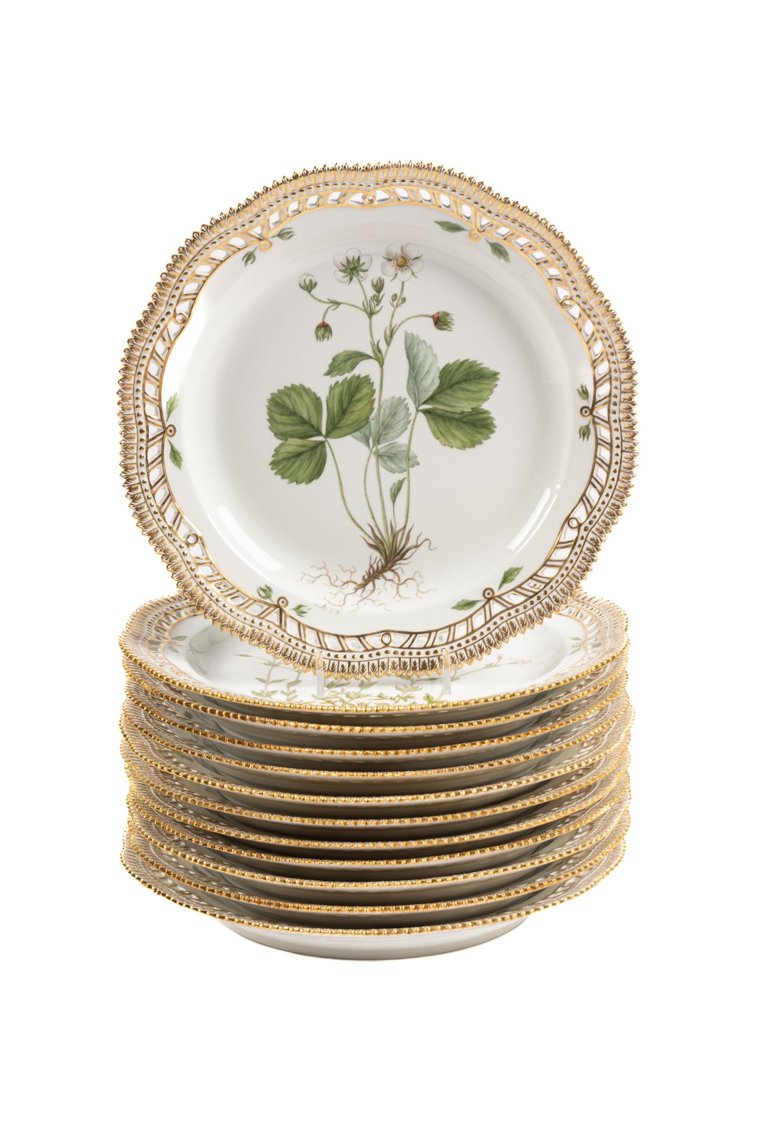 A Set of Twelve Royal Copenhagen Flora Danica Porcelain Reticulated Plates