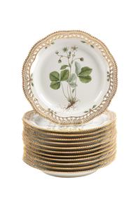 A Set of Twelve Royal Copenhagen Flora Danica Porcelain Reticulated Plates