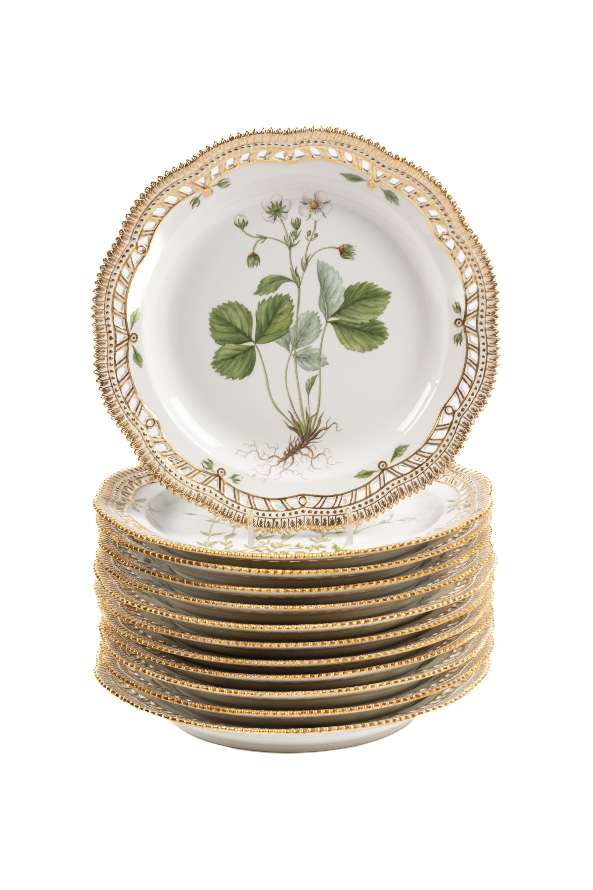 A Set of Twelve Royal Copenhagen Flora Danica Porcelain Reticulated Plates