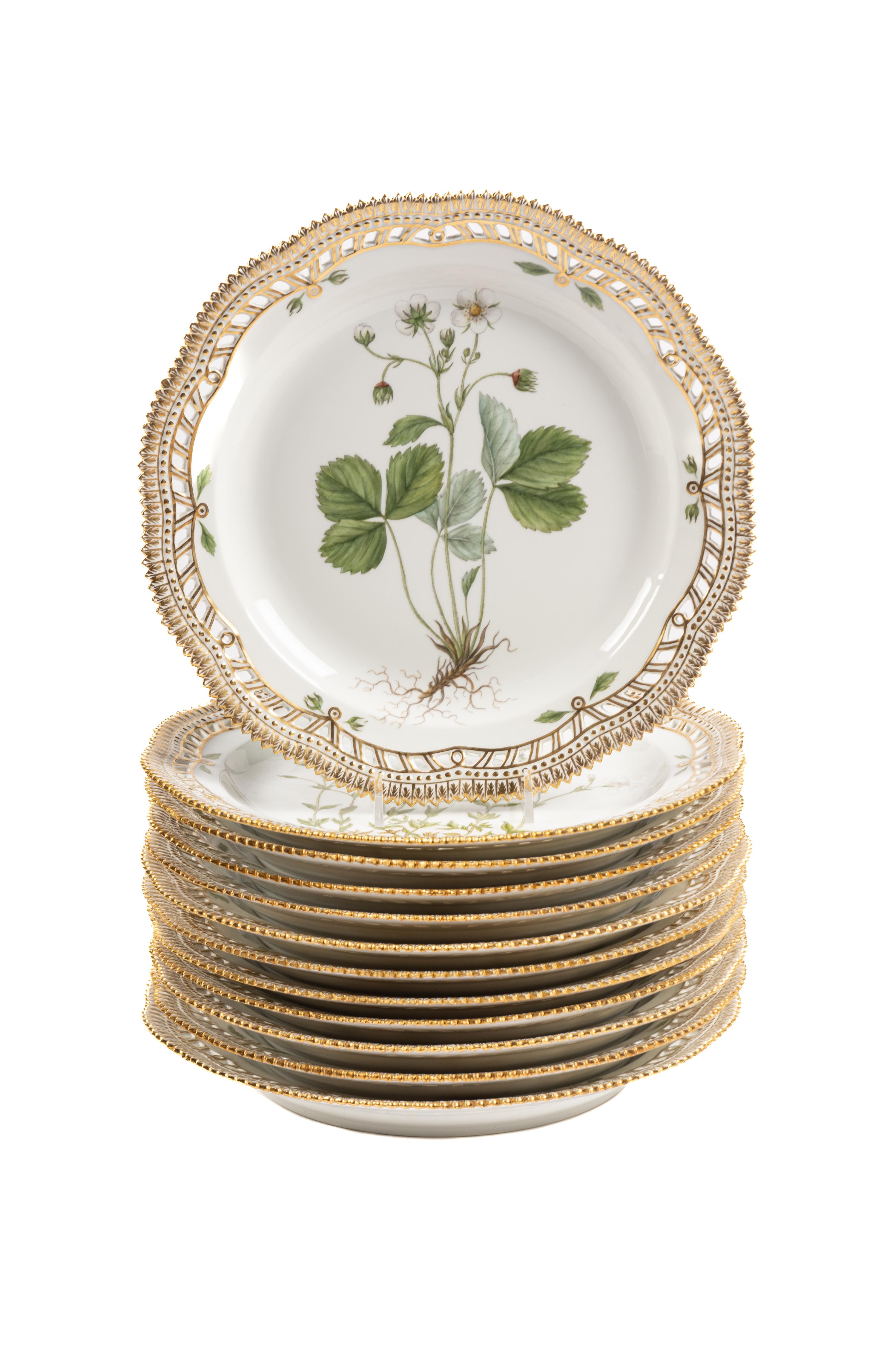 A Set of Twelve Royal Copenhagen Flora Danica Porcelain Reticulated Plates
