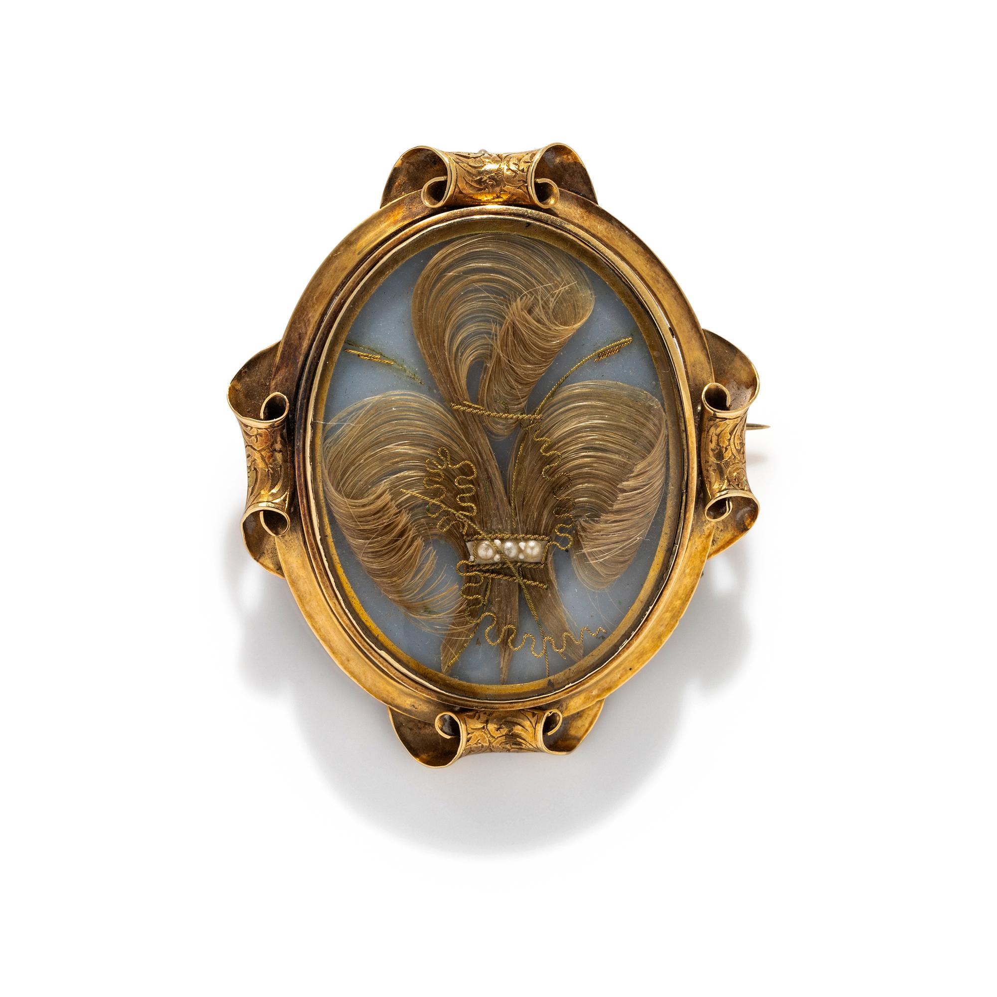 VICTORIAN, YELLOW GOLD, SEED PEARL, AND HAIR MOURNING BROOCH