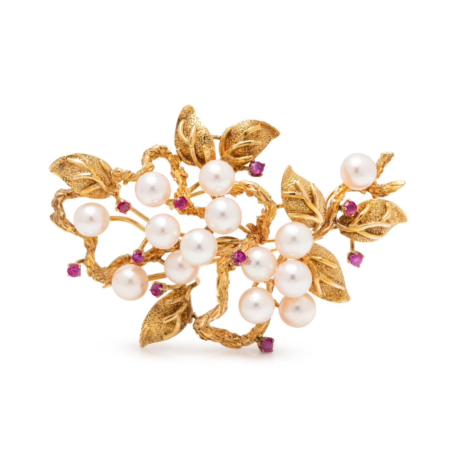 YELLOW GOLD, CULTURED PEARL AND RUBY BROOCH