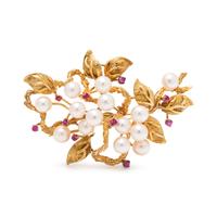 YELLOW GOLD, CULTURED PEARL AND RUBY BROOCH