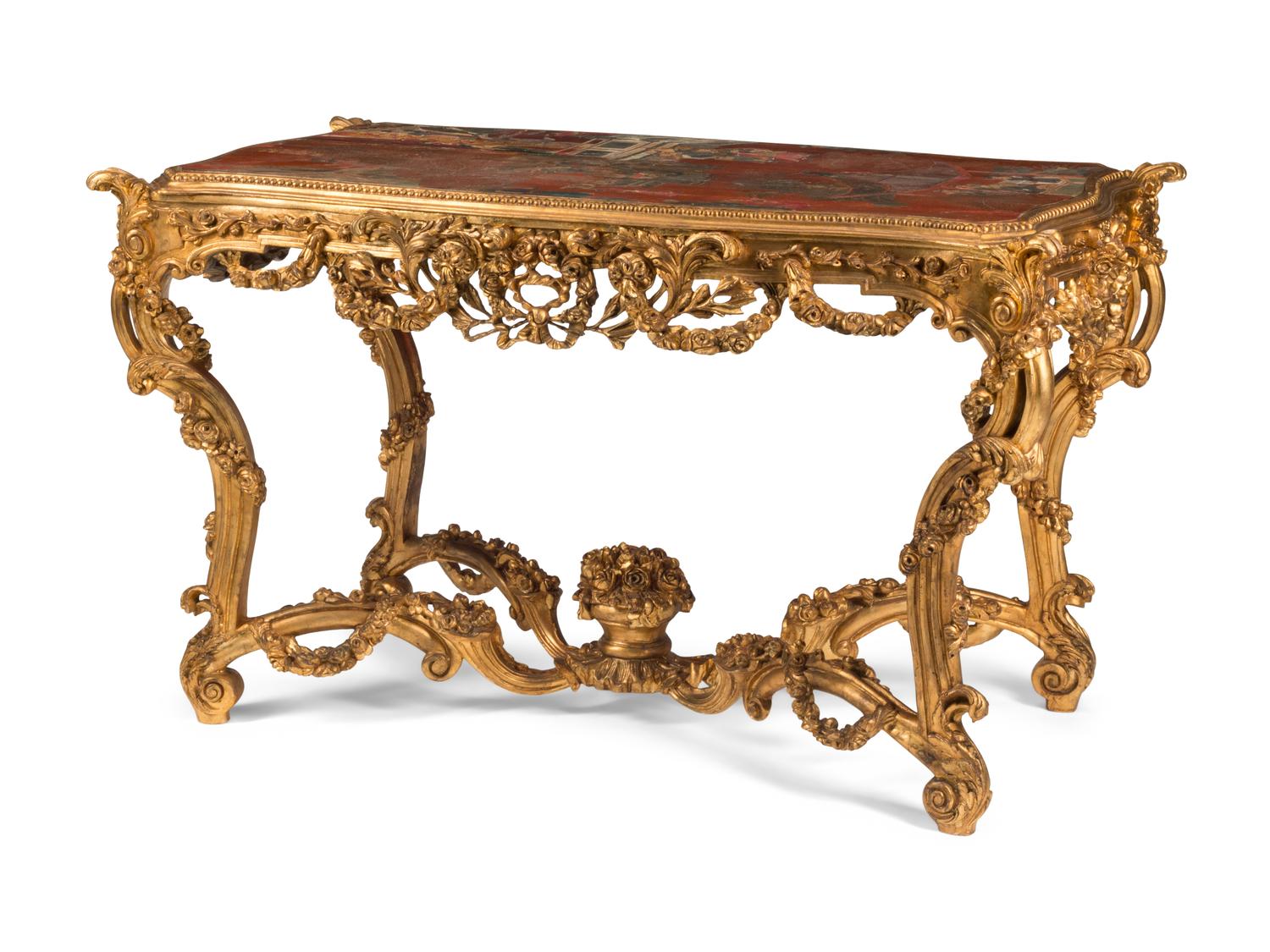 An Italian Carved Giltwood and Chinese Lacquer-Inset Center Table
