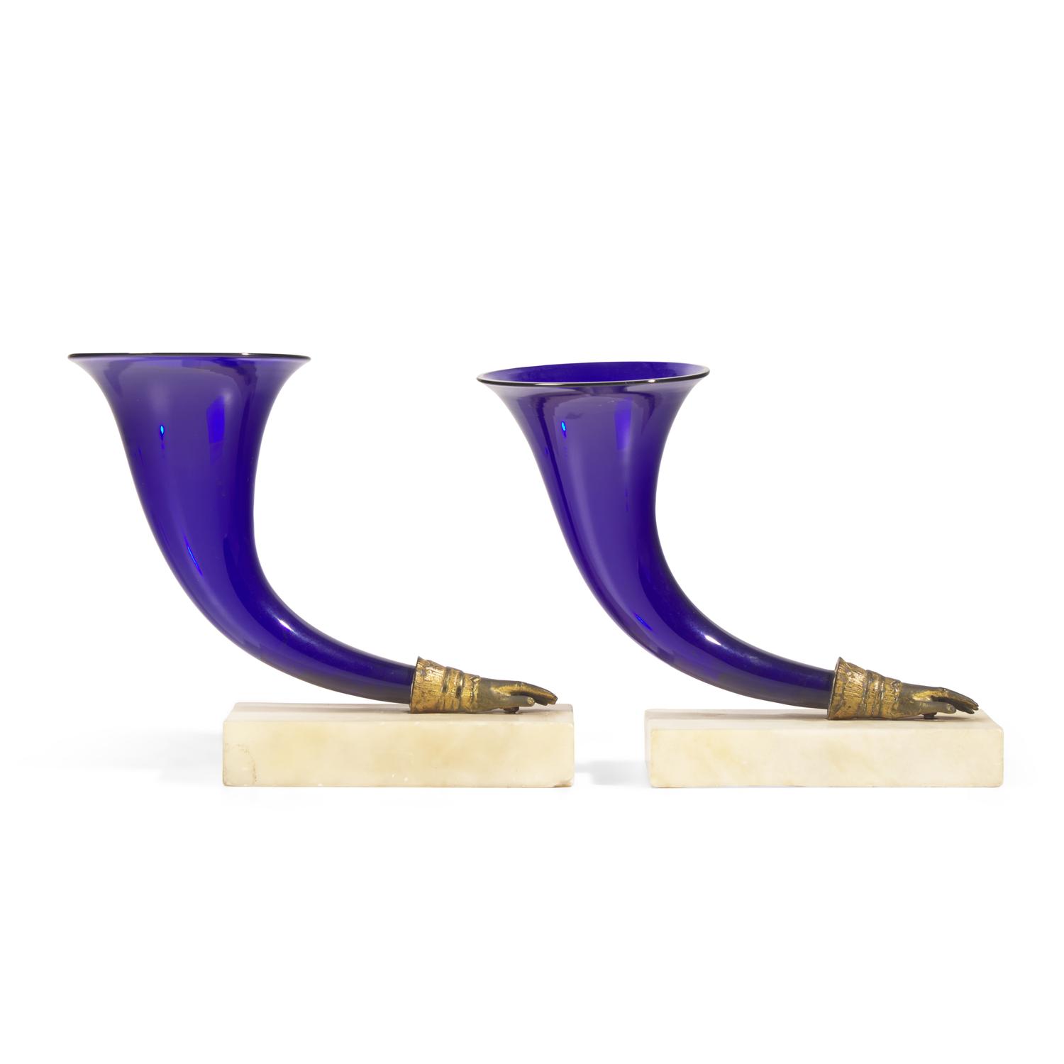 A Pair of Cornucopia-Form Cobalt Blue Glass, Gilt Bronze, and Alabaster Mantel Vases