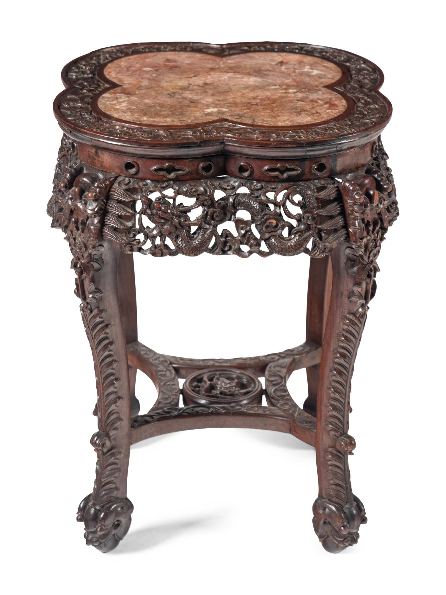 A Chinese Export Carved Hardwood Marble-Inset Side Table