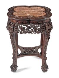 A Chinese Export Carved Hardwood Marble-Inset Side Table
