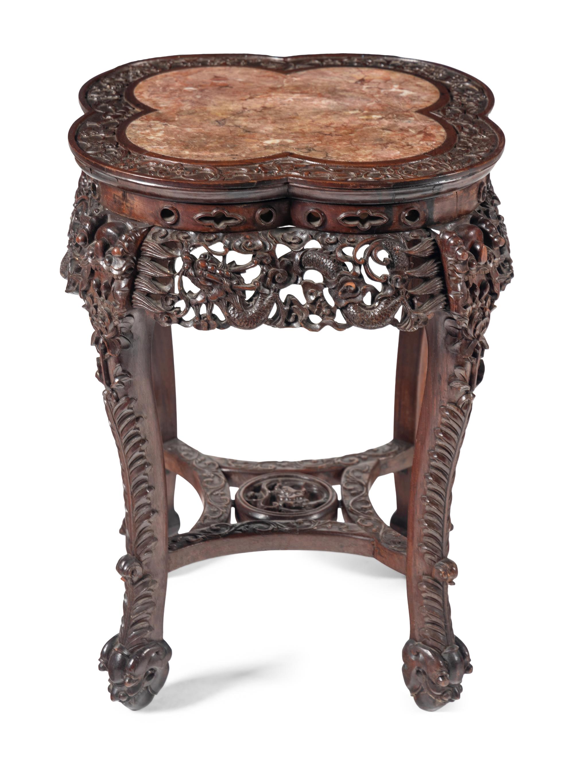 A Chinese Export Carved Hardwood Marble-Inset Side Table
